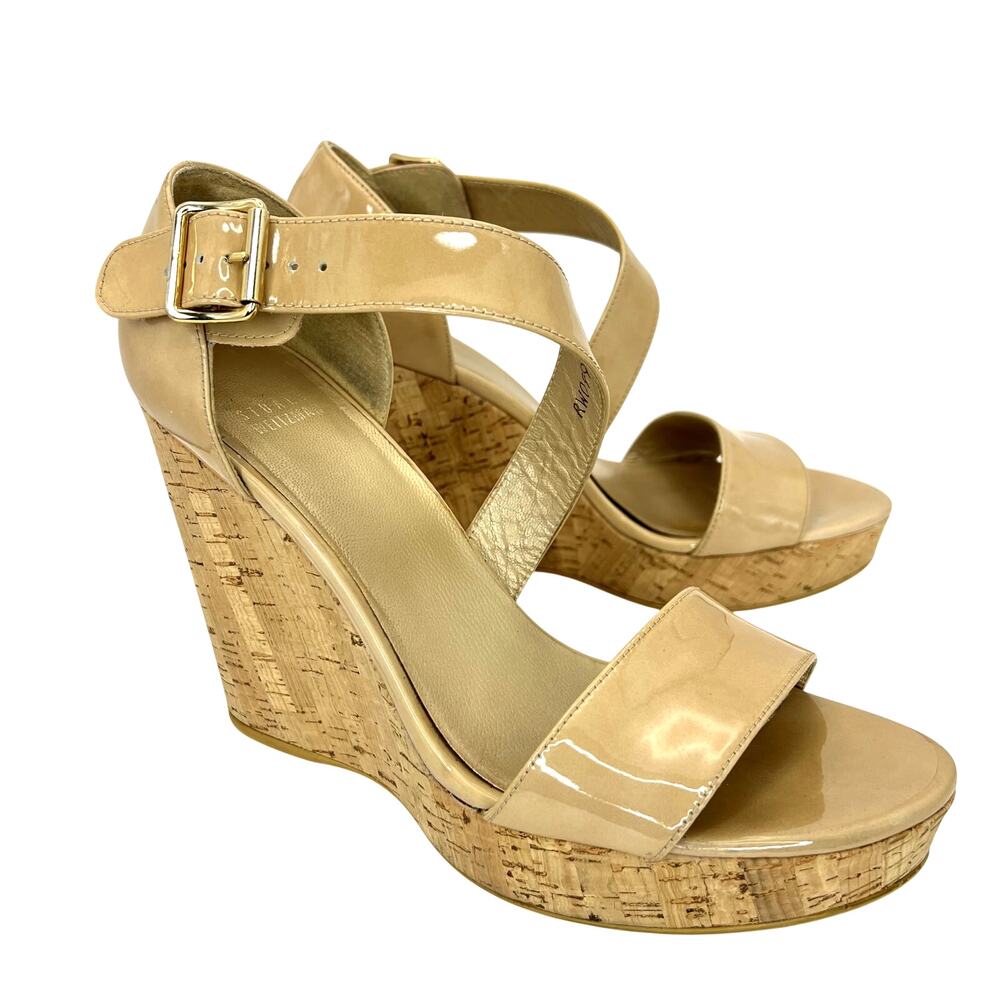 Stuart Weitzman Oneliner Patent Leather Cork Wedge Heel Sandals Platform 9.5